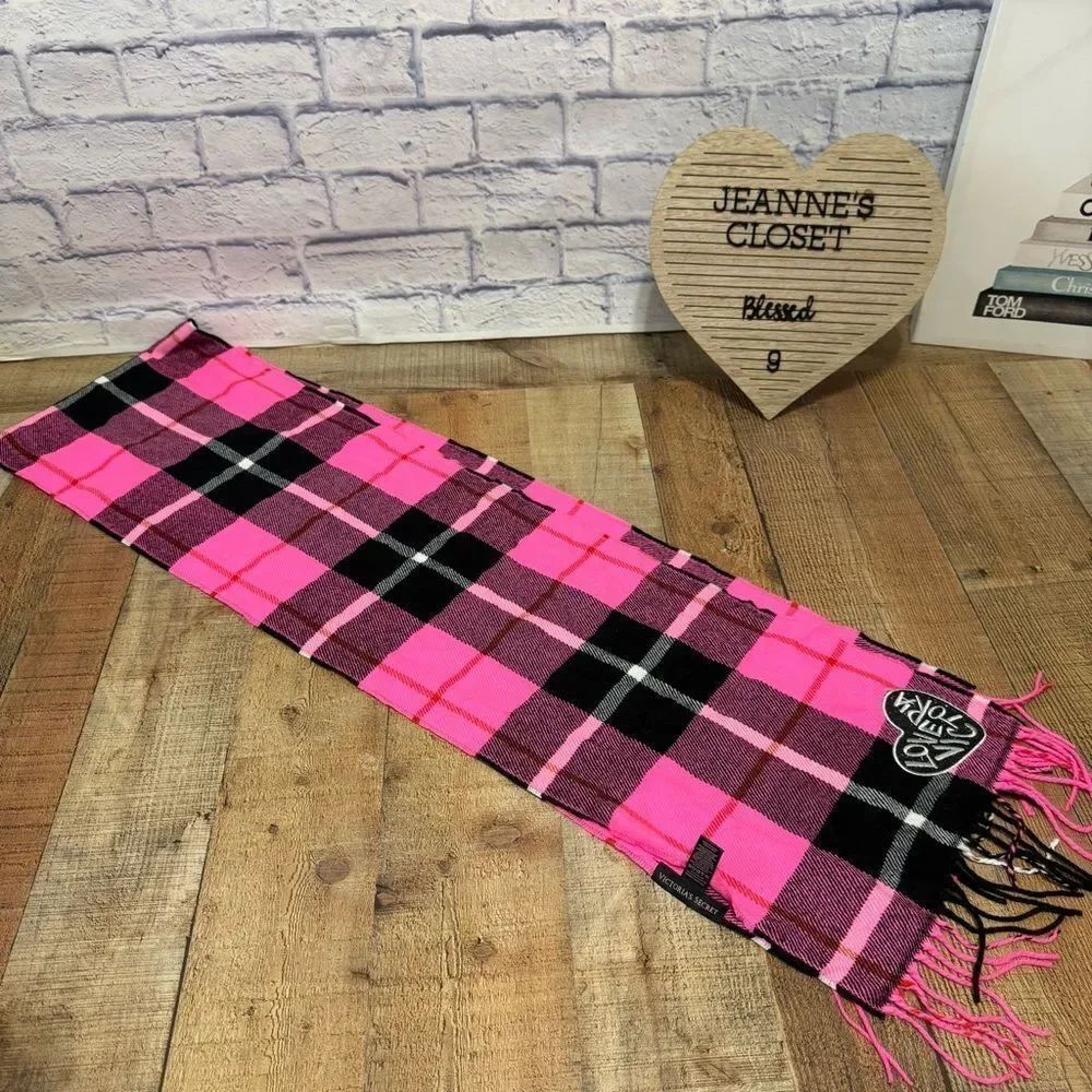 Victoria'S Secret Black Pink Signature Plaid Heart Patch Scarf One size